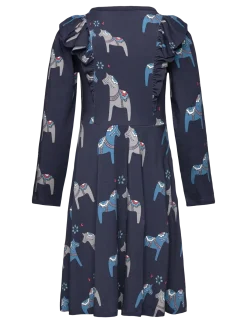 Bamboo flared dress Navy Dala horse - Langærmede hverdagskjoler