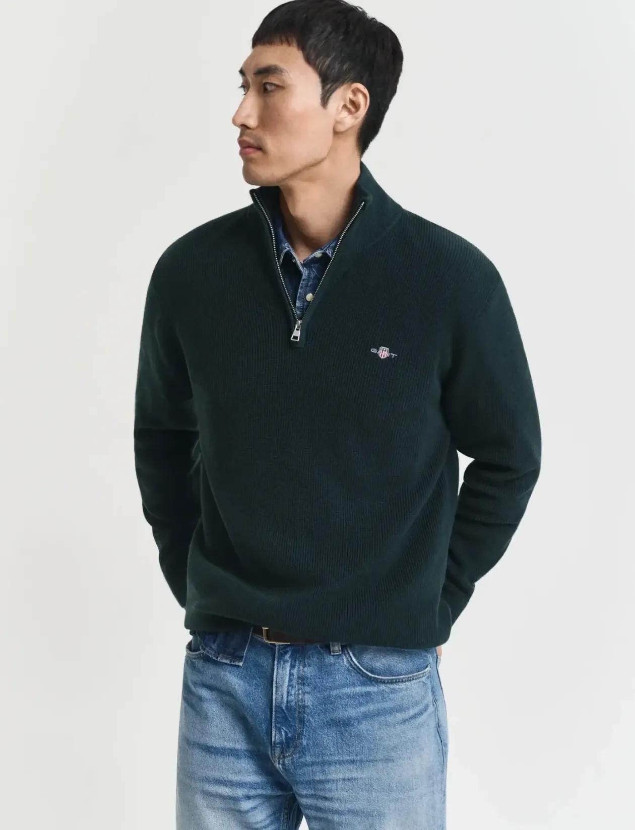 COTTON MERINO RIBBED HALF ZIP - Strik