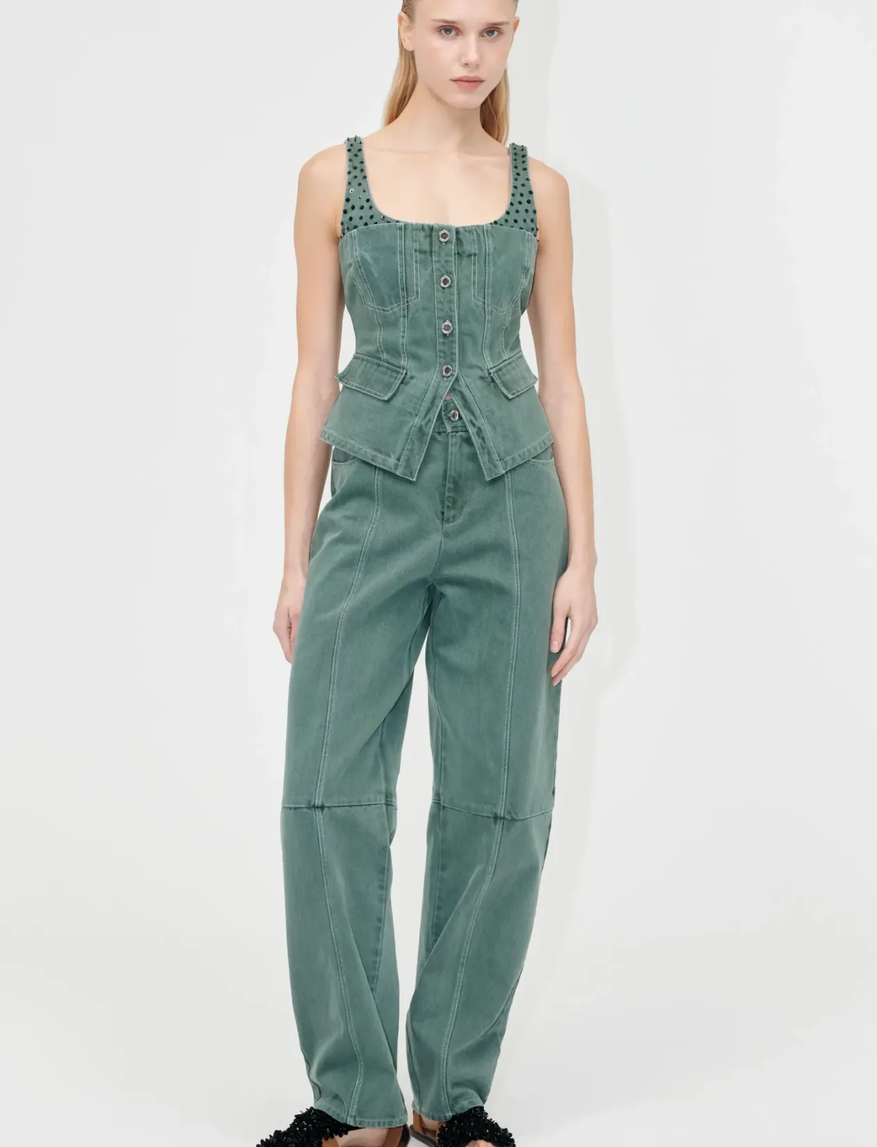 2393 Denim, Scoopneck Pockets Vest - Denimveste