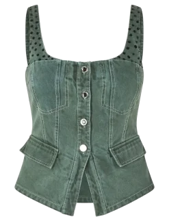 2393 Denim, Scoopneck Pockets Vest - Denimveste