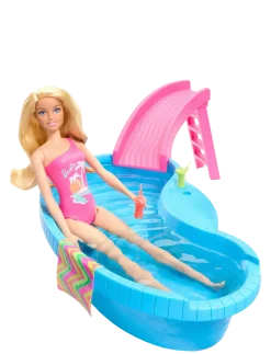 Doll and Pool Playset, Blonde with Pool, Slide, Towel and Drink Accessories - Dukker