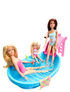 Doll and Pool Playset, Blonde with Pool, Slide, Towel and Drink Accessories - Dukker