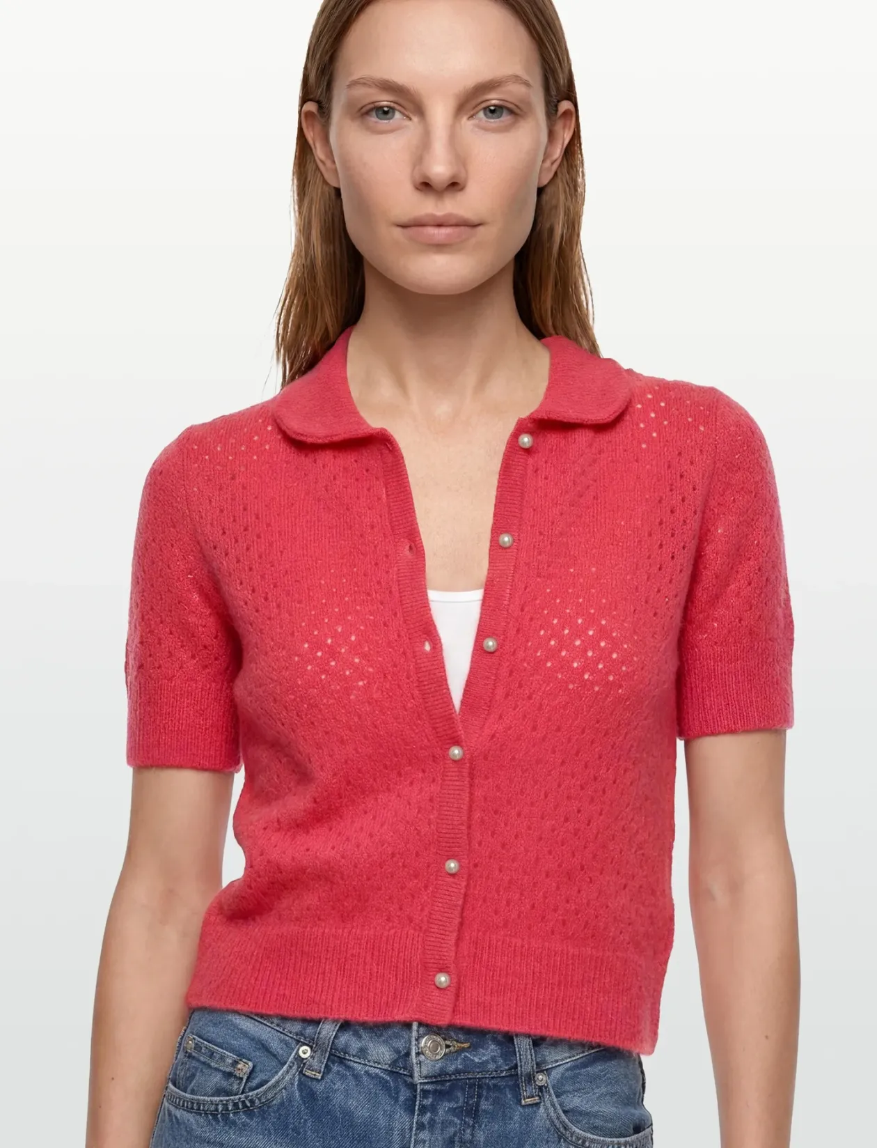 Mesh Knitted Short Sleeve Cardigan - Cardigans