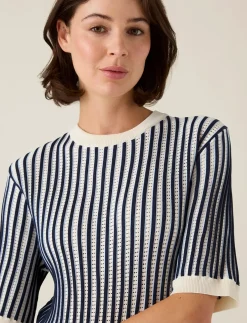 Multi Striped Short Sleeve Knitted Sweater - Strik