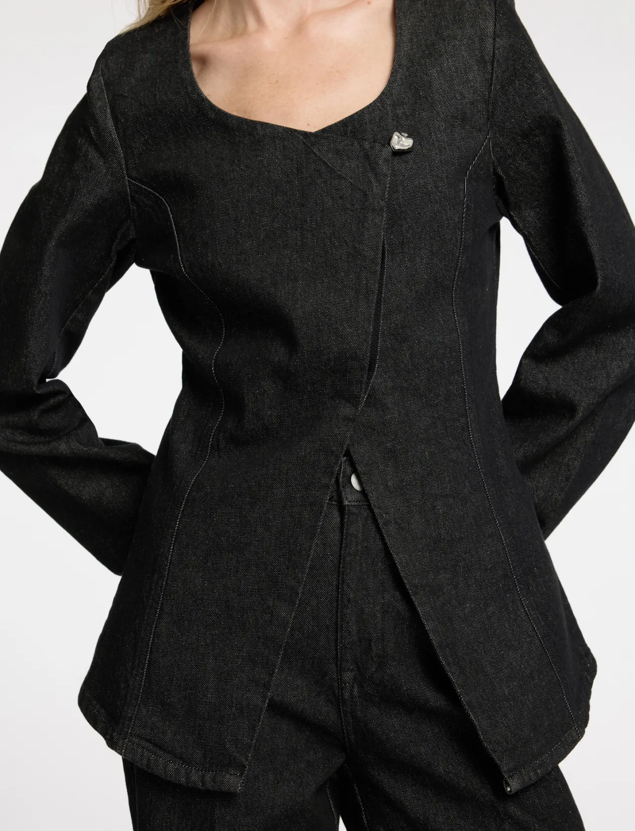 SLFCORA U-NECK FITTED DENIM BLAZER - Enkeltradede blazere