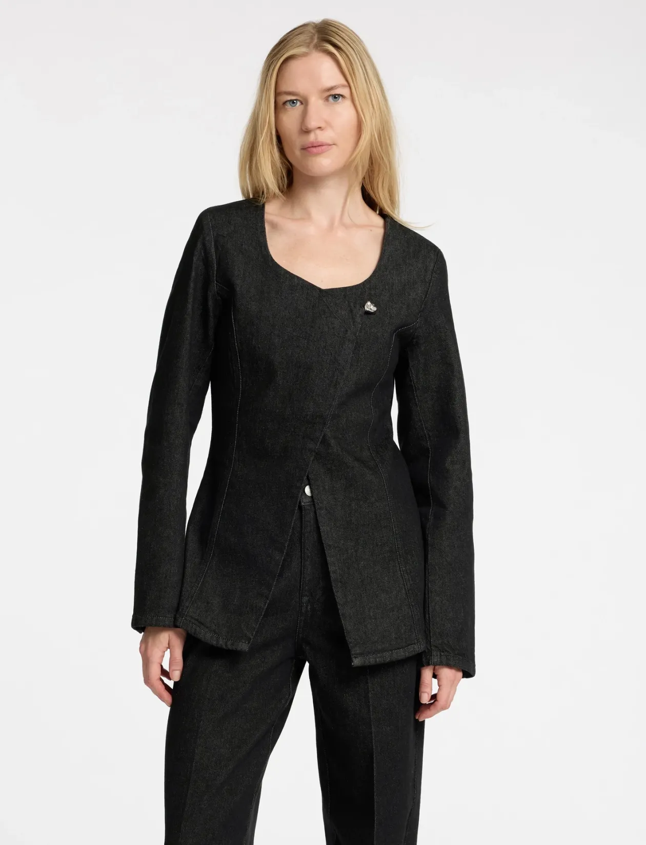 SLFCORA U-NECK FITTED DENIM BLAZER - Enkeltradede blazere