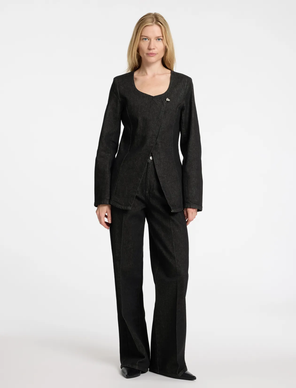 SLFCORA U-NECK FITTED DENIM BLAZER - Enkeltradede blazere