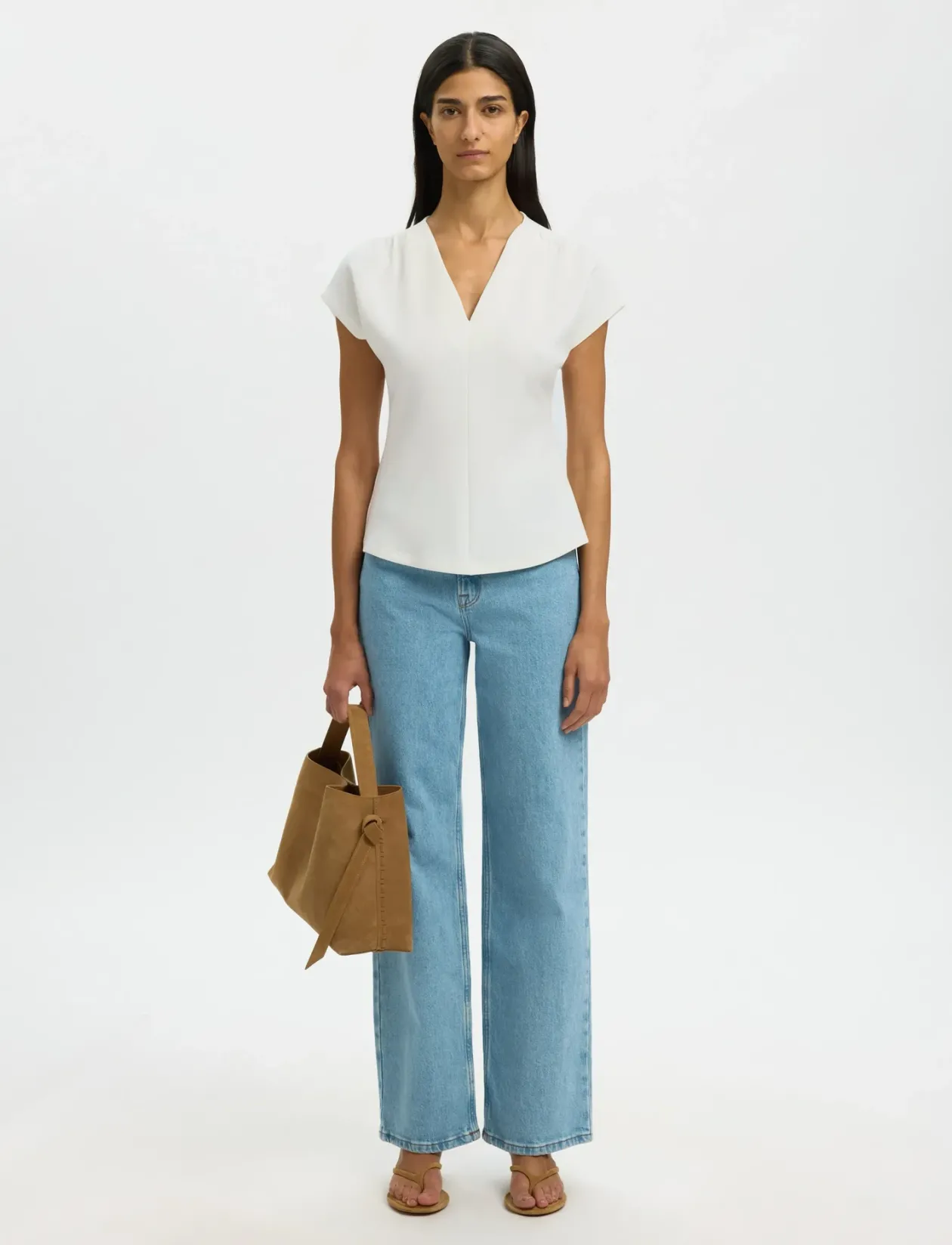 SLFTENNY SS V-NECK GATHERED TOP NOOS - T-shirts