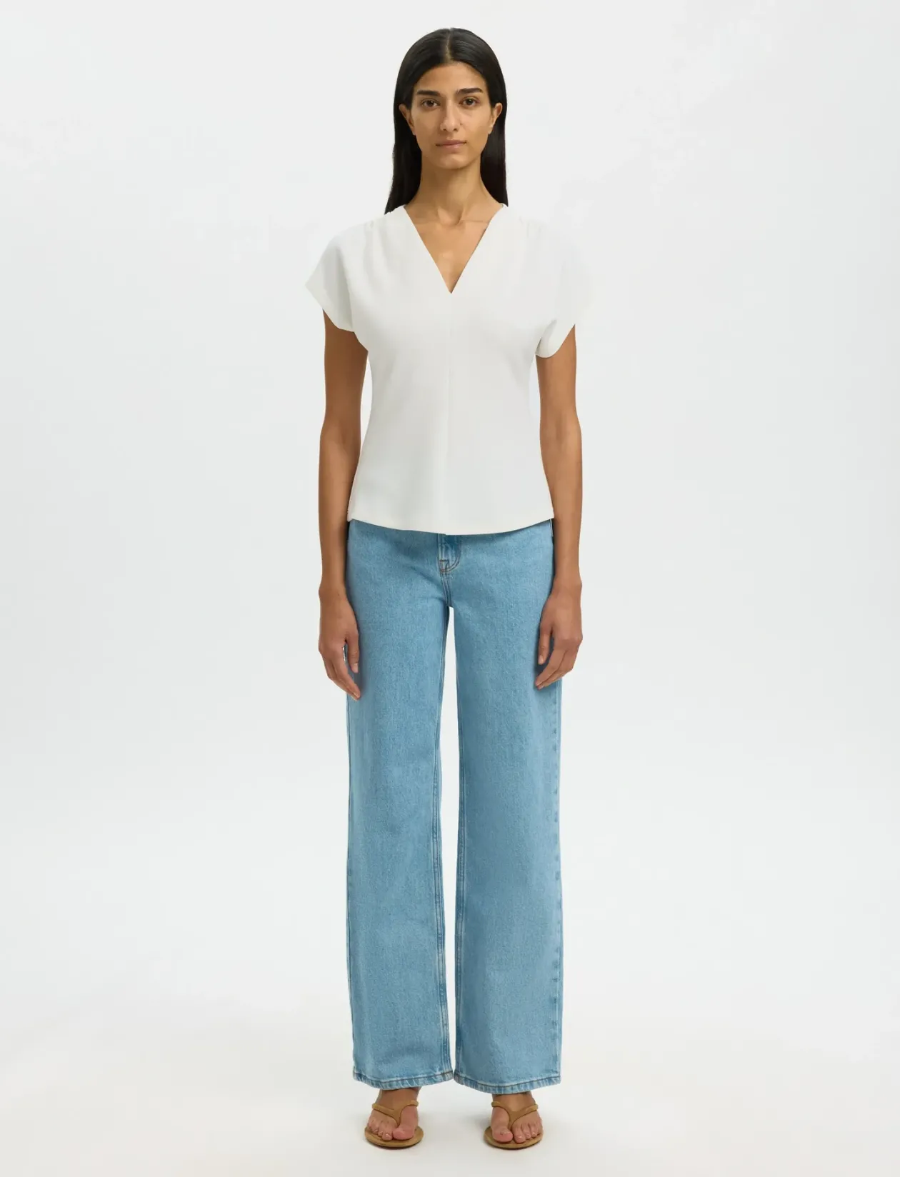 SLFTENNY SS V-NECK GATHERED TOP NOOS - T-shirts