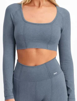 Washed Denim Seamless Cropped Long Sleeve - Crop tops