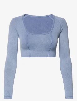 Washed Denim Seamless Cropped Long Sleeve - Crop tops