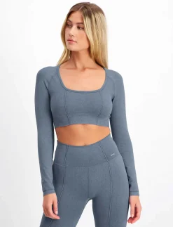 Washed Denim Seamless Cropped Long Sleeve - Crop tops