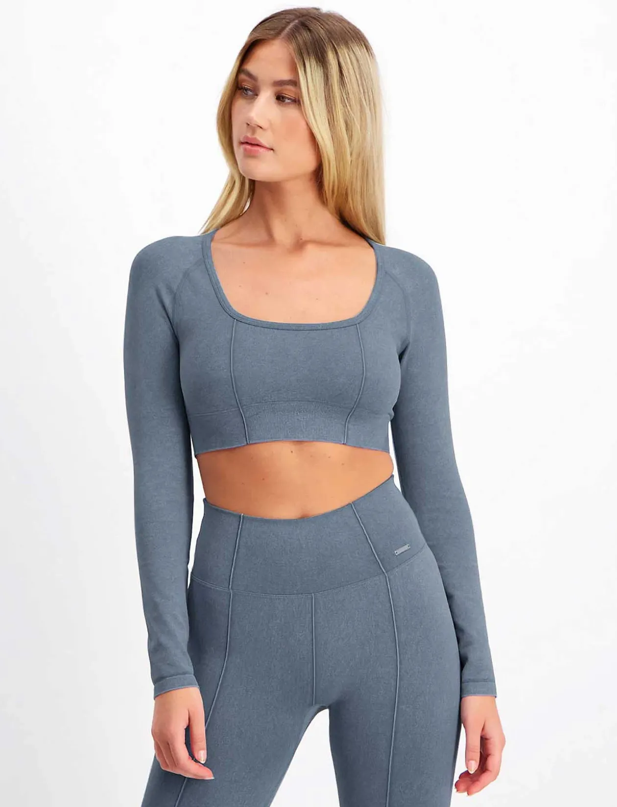 Washed Denim Seamless Cropped Long Sleeve - Crop tops